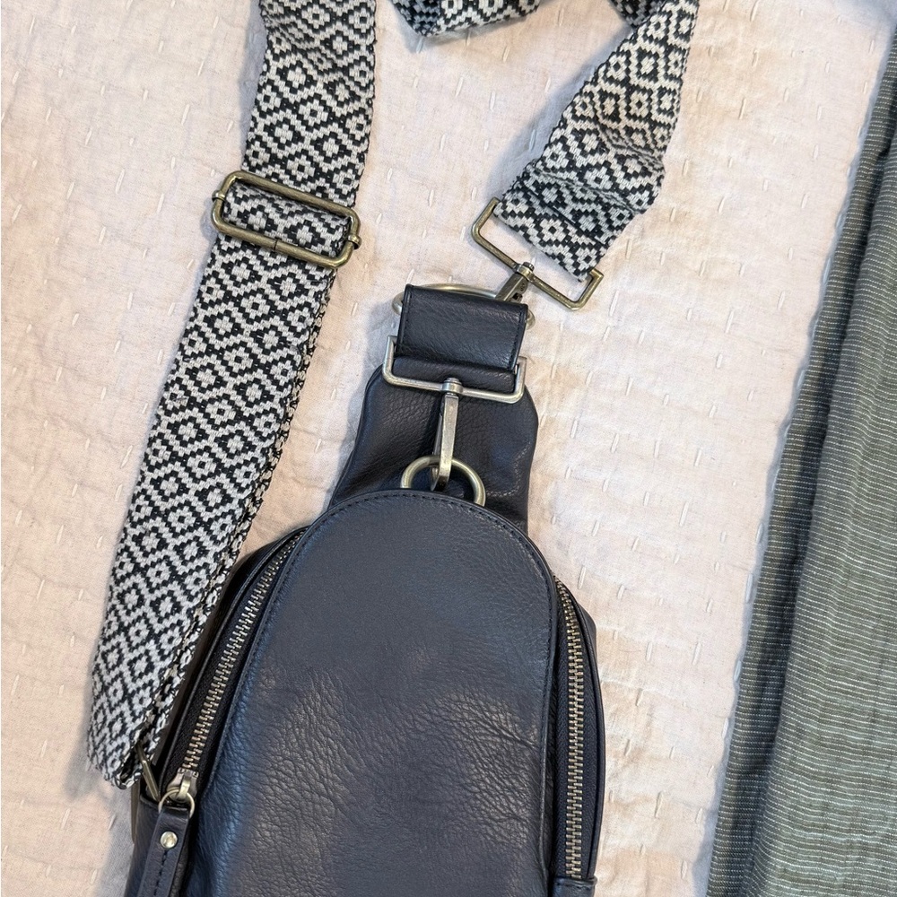 Anthropologie Black Crossbody Bag with Patterned Strap ~